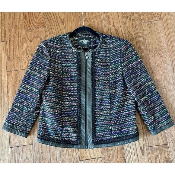 Rachel Roy genuine leather and boucle zip front blazer 6 - Picture 7 of 10